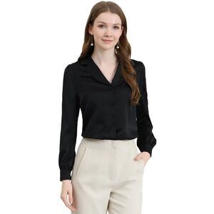 Women's Collar Blouse Long Sleeve Satin Button Down Shirt Black